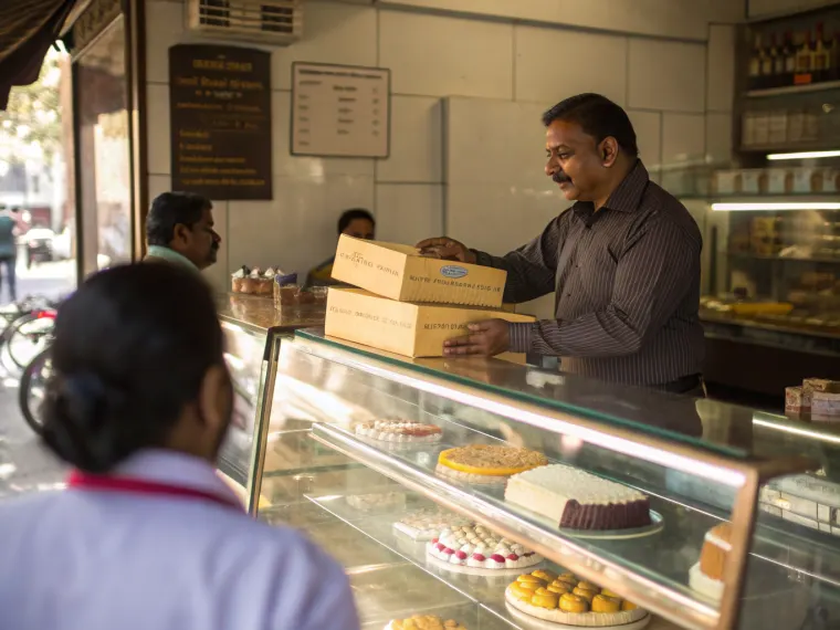 Bakery owner handing a boxed order across the counter