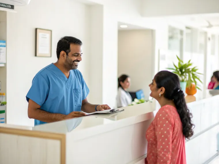 Dentist greeting a patient at an Indian clinic reception
