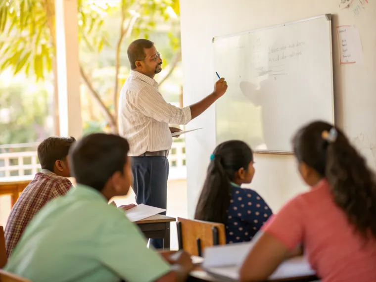 Teacher at a whiteboard with students in an Indian classroom