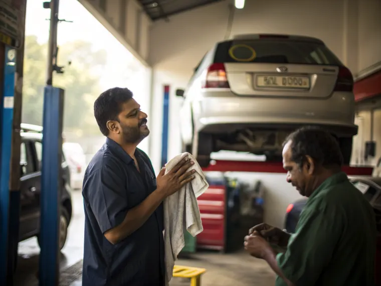 Mechanic talking with a customer in an Indian garage
