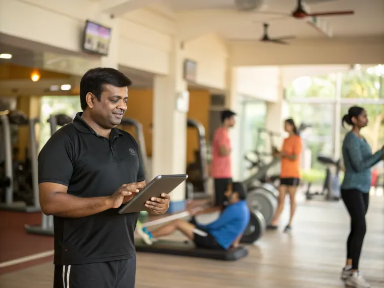 Gym owner with a tablet on the training floor