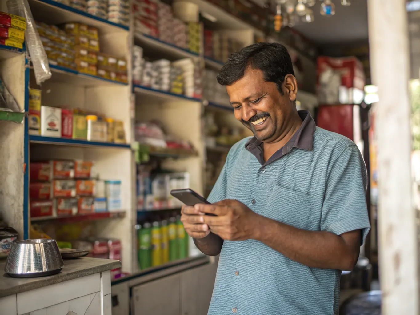A shop owner checking his phone behind the counter of his own shop