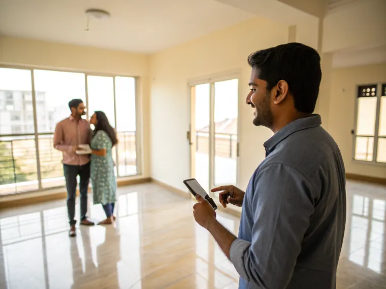 Property agent showing a couple an empty apartment