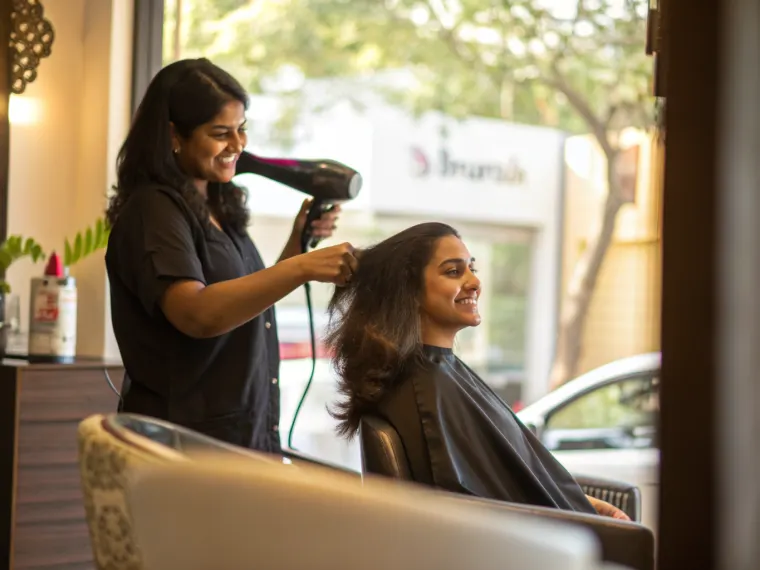 Hair stylist blow-drying a client in an Indian salon
