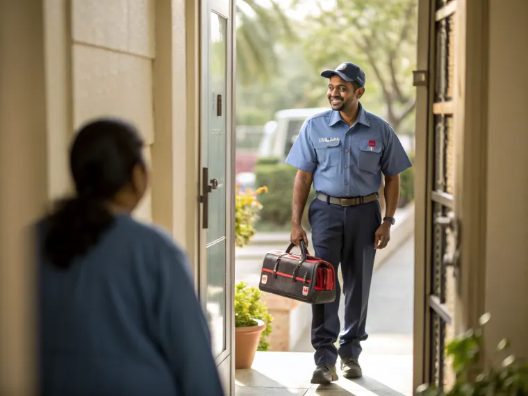 Uniformed technician with a tool bag at a customer door
